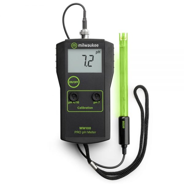 Milwaukee instruments MW100 performs pH measurements with a 0.1 pH resolution and with manual temperature compensation.