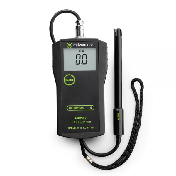 The Milwaukee MW302 EC meter has a range of 0.0 to 10.0 mS/cm with a 0.1 mS/cm resolution.