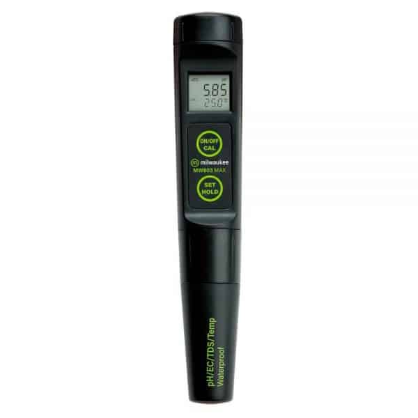 Milwaukee Instruments MW803 MAX Waterproof pH meter is a 4-in-1 pH / EC / TDS/Temp Tester with Replaceable Probe.