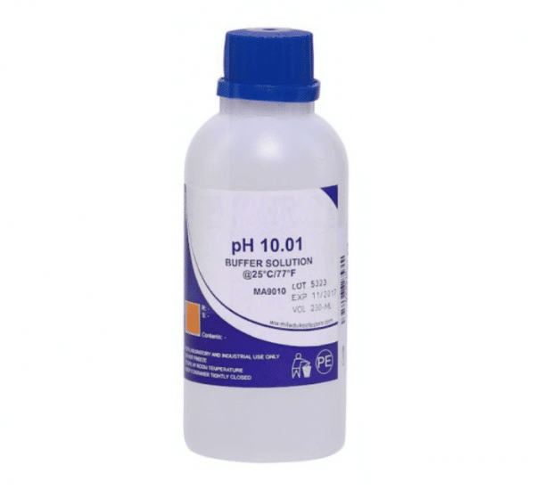 Standard pH 10.01 Calibration Buffer Solution. Available in 250ml, 500ml bottles and Box of 25 x 20ml sachet. Suitable to calibrate pH meters of any brand.