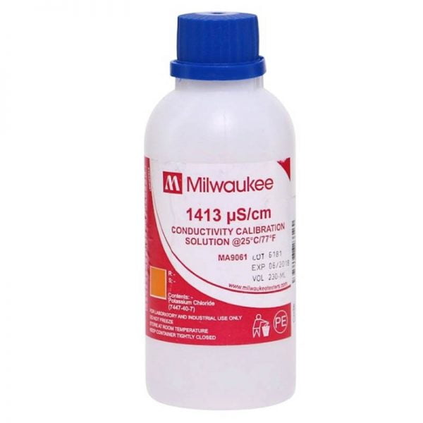 1413 Conductivity calibration solution in bottles for EC meter calibration.