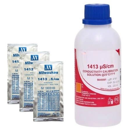 1413 µS/cm standard conductivity calibration solution available in bottles and sachets for EC meter calibration.